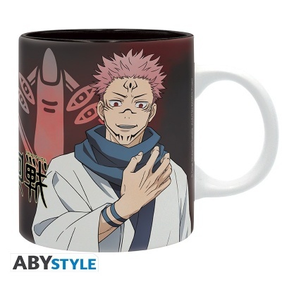 Caneca branca e preta com personagem de anime e desenho vermelho ao fundo