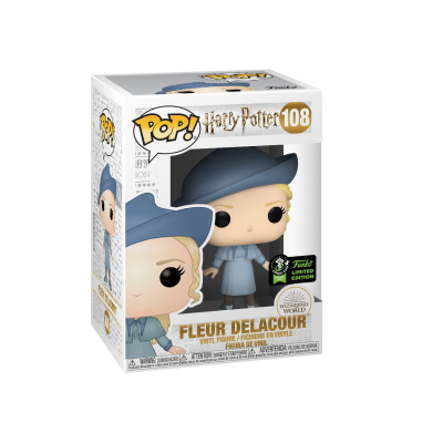 Figura Pop! de Fleur Delacour numa embalagem branca com texto e imagens relacionadas a Harry Potter.