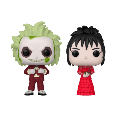 Duas figuras de colecionador tipo Funko Pop com cabelo verde e roupa vermelha e outra com cabelo preto e vestido vermelho