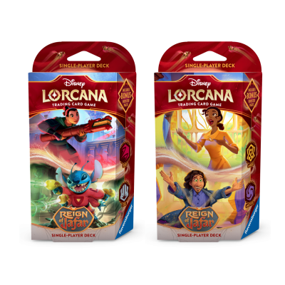 Duas embalagens de baralho com ilustrações e texto Disney Lorcana Reign of Jafar