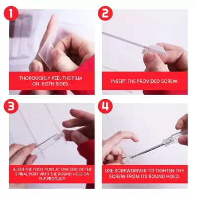 Passos de montagem com peças plásticas transparentes e parafuso, texto em inglês em fundo vermelho