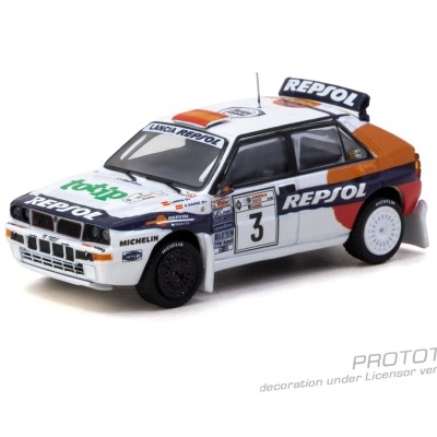 Miniatura de carro de rali Lancia Delta com decorações REPSOL e número 3