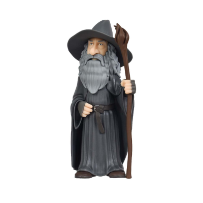 Figura decorativa do personagem Gandalf com túnica e chapéu cinzentos e cajado castanho