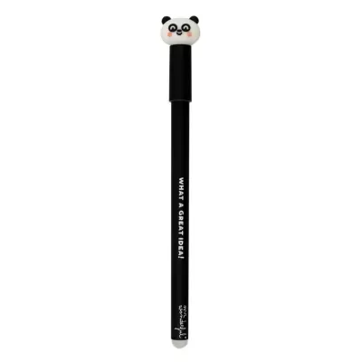 Caneta preta com tampa decorada com cabeça de panda e texto impresso
