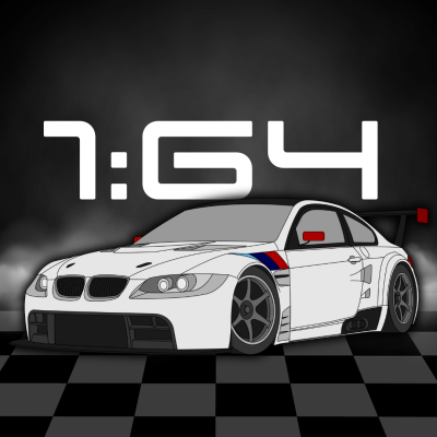 Desenho de carro desportivo branco com detalhes coloridos sobre padrão xadrez e texto 1:64