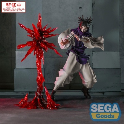 Figura de ação de personagem de anime com efeito de explosão vermelho em fundo cinzento