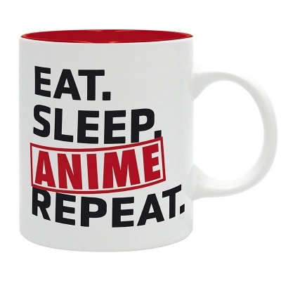Caneca branca com texto EAT. SLEEP. ANIME REPEAT. em preto e vermelho