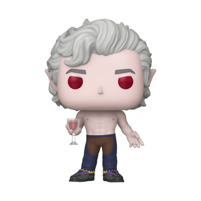 Figura de vinil tipo Pop com cabelo branco ondulado e olhos vermelhos segurando copo com líquido vermelho