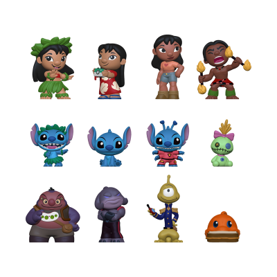 Figuras colecionáveis Funko Pop do filme Lilo & Stitch com personagens em roupas havaianas e cores vivas.