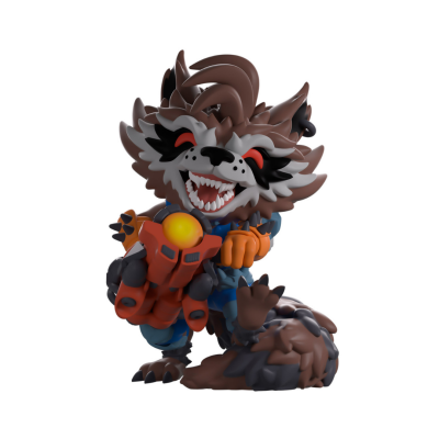 Figura colecionável de personagem animal segurando objeto vermelho com esfera amarela