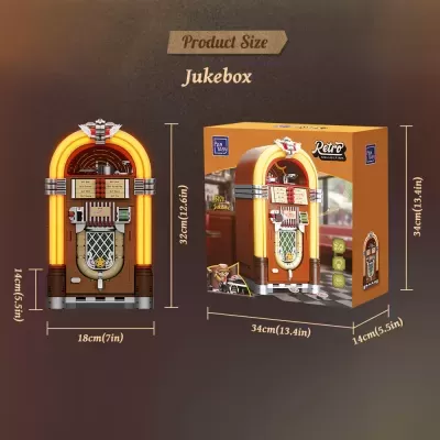 Jukebox laranja e bege com luzes amarelas ao lado da caixa do produto da Retro Collection.