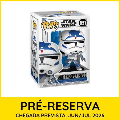 Figura Funko Pop! Star Wars ARC Trooper Fives na caixa com texto de pré-reserva