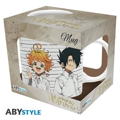 Caneca branca com personagem de anime The Promised Neverland em embalagem de cartão