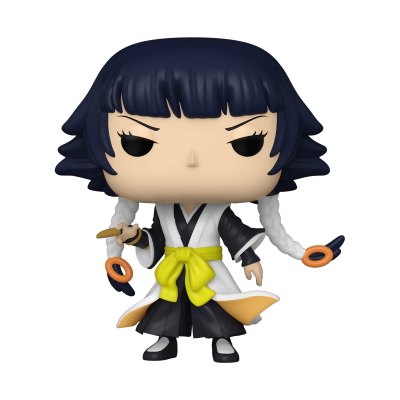 Figura Funko Pop de personagem com cabelo preto, traje tradicional e acessórios laranja