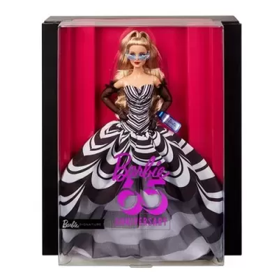 Boneca Barbie com vestido preto e branco em caixa transparente
