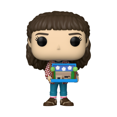 Figura Funko Pop com cabelo castanho ondulado, roupa colorida e segura uma caixa azul com nuvens.