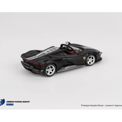 Miniatura de carro desportivo preto conversível com detalhes vermelhos e logotipo Ferrari