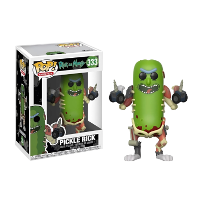 Figura POP Pickle Rick verde com detalhes mecânicos e expressão zangada em embalagem