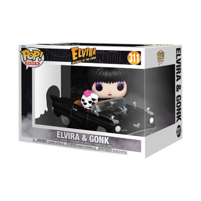 Figura Funko Pop Elvira e Gonk em carro preto na caixa