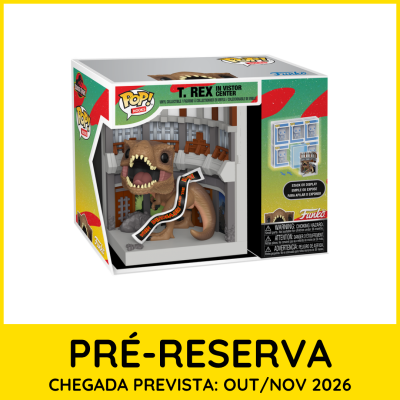 Figura Funko Pop de T. Rex em Visitor Center em caixa colorida com texto e avisos de segurança