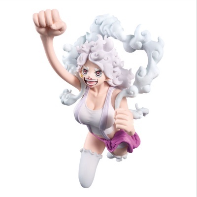 Figura de ação feminina com cabelo branco encaracolado e roupa lilás e rosa