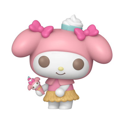 Figura de vinil de personagem cor-de-rosa com laços e roupa colorida.