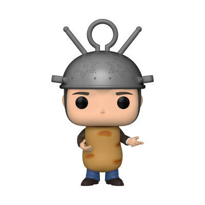 Figura Funko Pop com cabeça de peneira metálica e roupa castanha