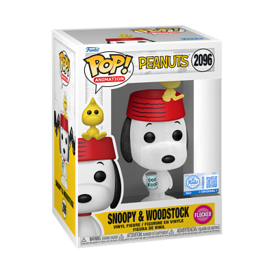 Figura Funko Pop Snoopy & Woodstock com chapéu vermelho e copo DOG FOOD na caixa