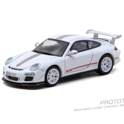 Miniatura de carro desportivo branco com faixa vermelha e cinza, jantes brancas, matrícula e texto RS 40