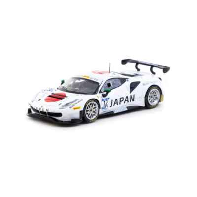 Carro de corrida em miniatura branco com detalhes vermelhos e pretos e asa traseira preta