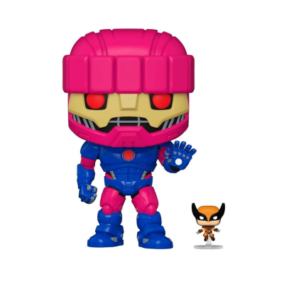 Duas figuras colecionáveis de vinil coloridas, uma maior azul e rosa e outra menor laranja e preta