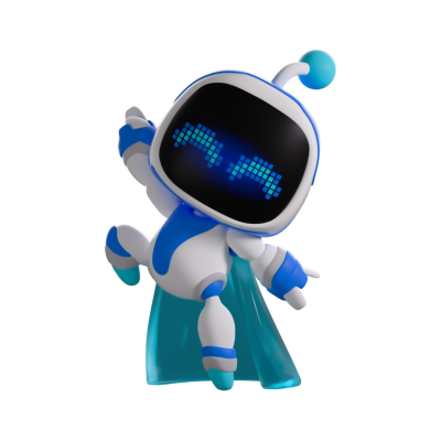 Figura de robô digital branco e azul com ecrã preto e capa azul