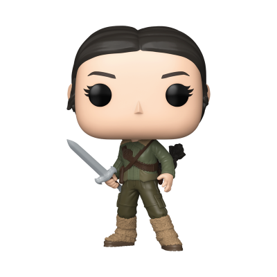 Figura vinil Funko Pop com cabelo castanho e roupa verde segurando espada