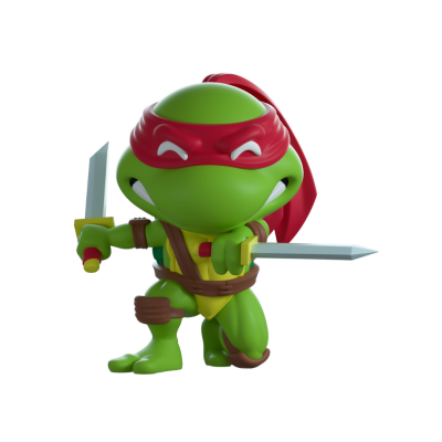 Brinquedo de tartaruga verde com bandana vermelha e espadas em fundo branco