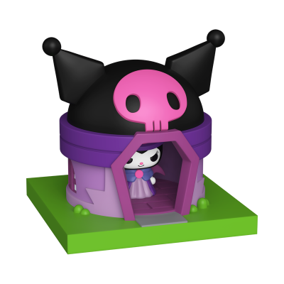 Figura de casa roxa e preta com caveira rosa no teto e personagem pequena dentro.