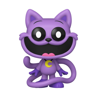 Figura vinil gato roxo com olhos grandes, boca preta, luvas e botas roxas e colar amarelo C