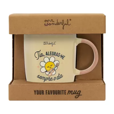 Caneca cerâmica com desenho de flor e texto positivo em caixa de cartão