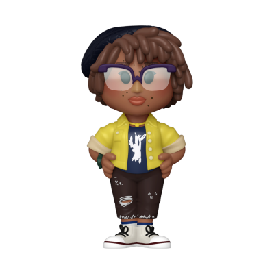 Figura colecionável de personagem com cabelo castanho e óculos roxos