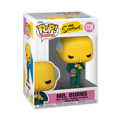 Funko Pop Mr. Burns com caixa branca e detalhes amarelos e rosas