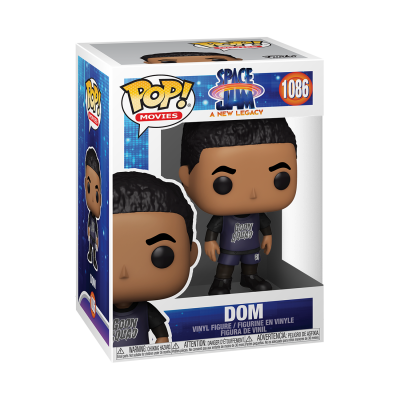 Figurina Funko Pop! Dom da coleção Space Jam A New Legacy na caixa com detalhes de texto e imagens.