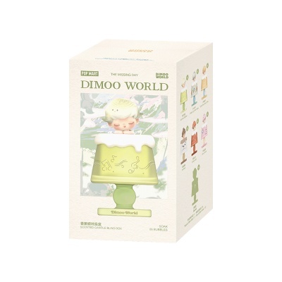 Embalagem DIMOO WORLD da POP MART, vela perfumada em caixa cega com figura verde e detalhes brancos.