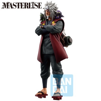 Figura colecionável do personagem Jiraiya em roupa cinza e colete vermelho com duas rãs nos ombros e rolo nas costas.