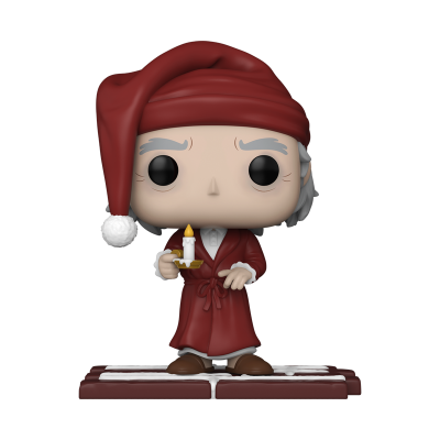 Figura Funko Pop com roupão e chapéu de dormir vermelhos segurando vela.