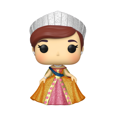 Figura Funko Pop de rainha com vestido rosa e dourado e coroa prateada