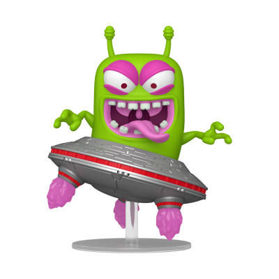 Boneco alienígena verde em nave espacial cinzenta com detalhes cor-de-rosa e vermelhos
