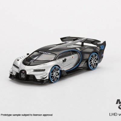 Miniatura de carro desportivo Bugatti preto e cinzento com detalhes azuis sobre fundo branco
