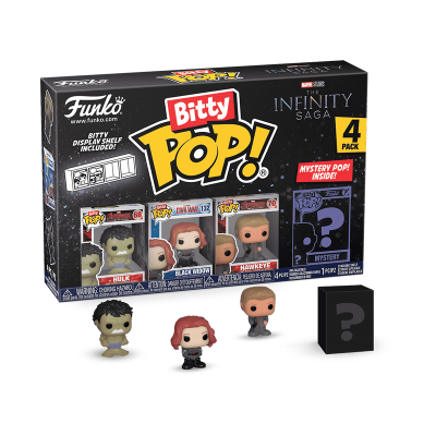 Conjunto Funko Bitty Pop! Infinity Saga com 4 figuras de vinil coloridas e caixa preta