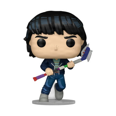 Figura colecionável Funko Pop de personagem com arma colorida e roupa azul