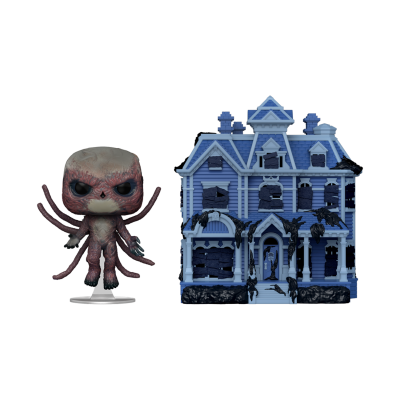 Figura pop vinyl de monstro com vários braços ao lado de uma casa azul em miniatura com janelas pretas e aranhas pretas.
