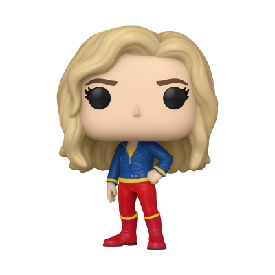 Figura Funko Pop de personagem feminina de cabelo loiro com casaco azul e calças vermelhas